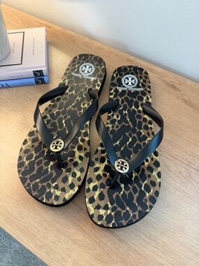 Tory Burch Leopard Flip Flops with Black Straps